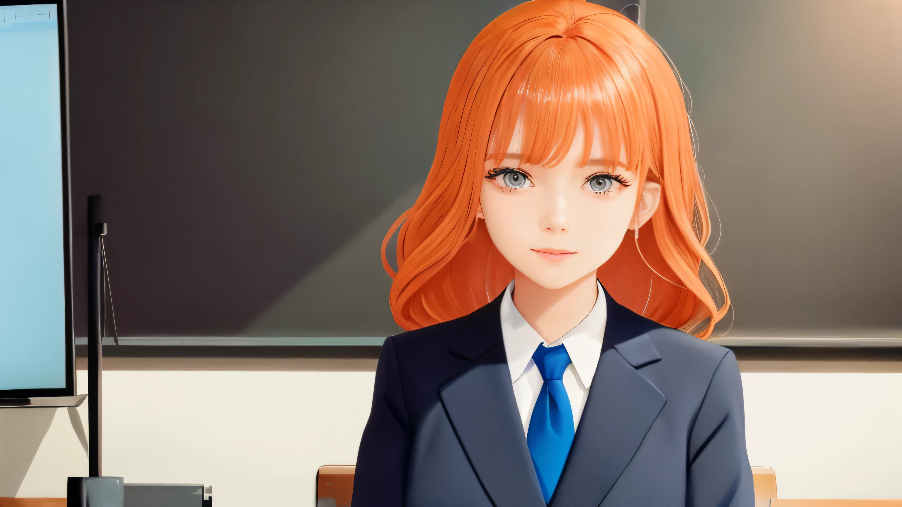 /draw orange hair woman green eyes sitting at desk talking on telephone with computer monitor, 1 9 8 0 s vaporwave business fashion, business woman, 1 9 8 0 s woman, woman in business suit, young business woman, denis velleneuve, female in office dress, sat at her desk, female lawyer, wearing a strict business suit, serious business, working hard, portrait of kim wexler