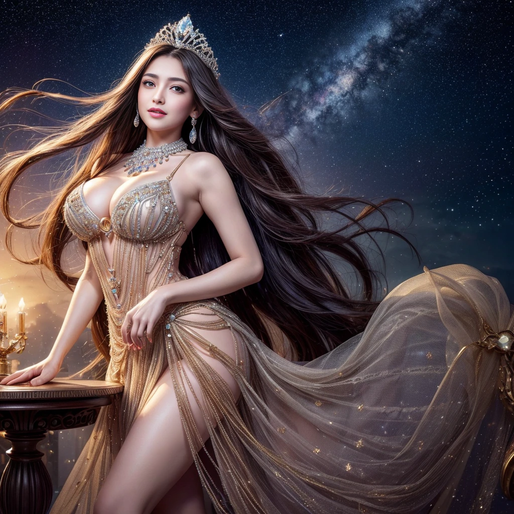 ((highest quality、table top、8K、best image quality、extremely complex and detailed depiction))、(one of the most beautiful princesses:1.1)、big and full breasts、Shining beautiful skin、very fair skin,the biggest smile looking at me、(The most fantastic and sparkling finest diamong dress:1.2)、beautiful elegant decoration、Diamond Decoration、The most luxurious and highest quality giant tiara、The most luxurious and highest quality giant necklace、artistic decoration、finest jewelry decoration、The most gorgeous decorations in the world、The most fantastic and mysterious galaxy background、shining galaxy starry sky、the most mysterious cosmic glow、accurate anatomy、voluptuous,goddess,1girl