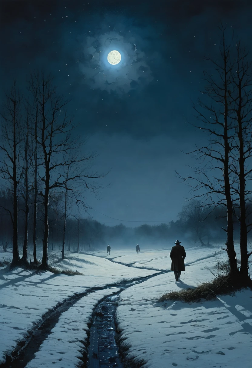 digital painting, high quality, the darkest and longest night of the year, style by Andrew Wyeth, Charlie Bowett, Albert Joseph Penaud, Dariusz Zawadzki. Tetsuya Ishida. Zdzislaw Beksinski. Patrizia Piccinini. Mark Powell. Ralph Blakelock, Ed Emshwiller, Marianne Wroten, (best quality, masterpiece 1.2) - ((best quality)), ((masterpiece)) (detail), 16k.