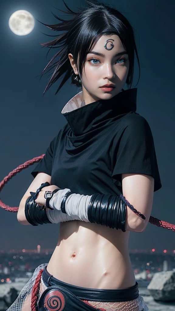 Moisturized skin, (red eyes: 1.4), perfect body, adult female body, mature, cold expression,
BREAK,
(beautiful navel), (kunoichi), (ninja), sexy, (kunai), (leather), fishnet, (fishnet stockings: 1.2), (black clothes), bright red lipstick, (ninja clothes: 1.4),
BREAK,
(highly detailed hair: 1.2), spiky black hair, spiky hairstyle, ((headgane)),
BREAK,
((masterpiece + highest quality + high resolution + highly detailed)), (full body: 1.2), symmetrical, one shot,
BREAK,
(electricity flows), (Wind blowing), (Fighting stance: 1.4), ((Big full moon in the sky)),
BREAK,
(Uchiha Sasuke: 1.3), Dignified, ((Holding a Japanese sword)), Black sword, Holding the handle of the sword, Long blade, Neon city, Night, Large thick white rope around waist, Purple lightning running through the whole,