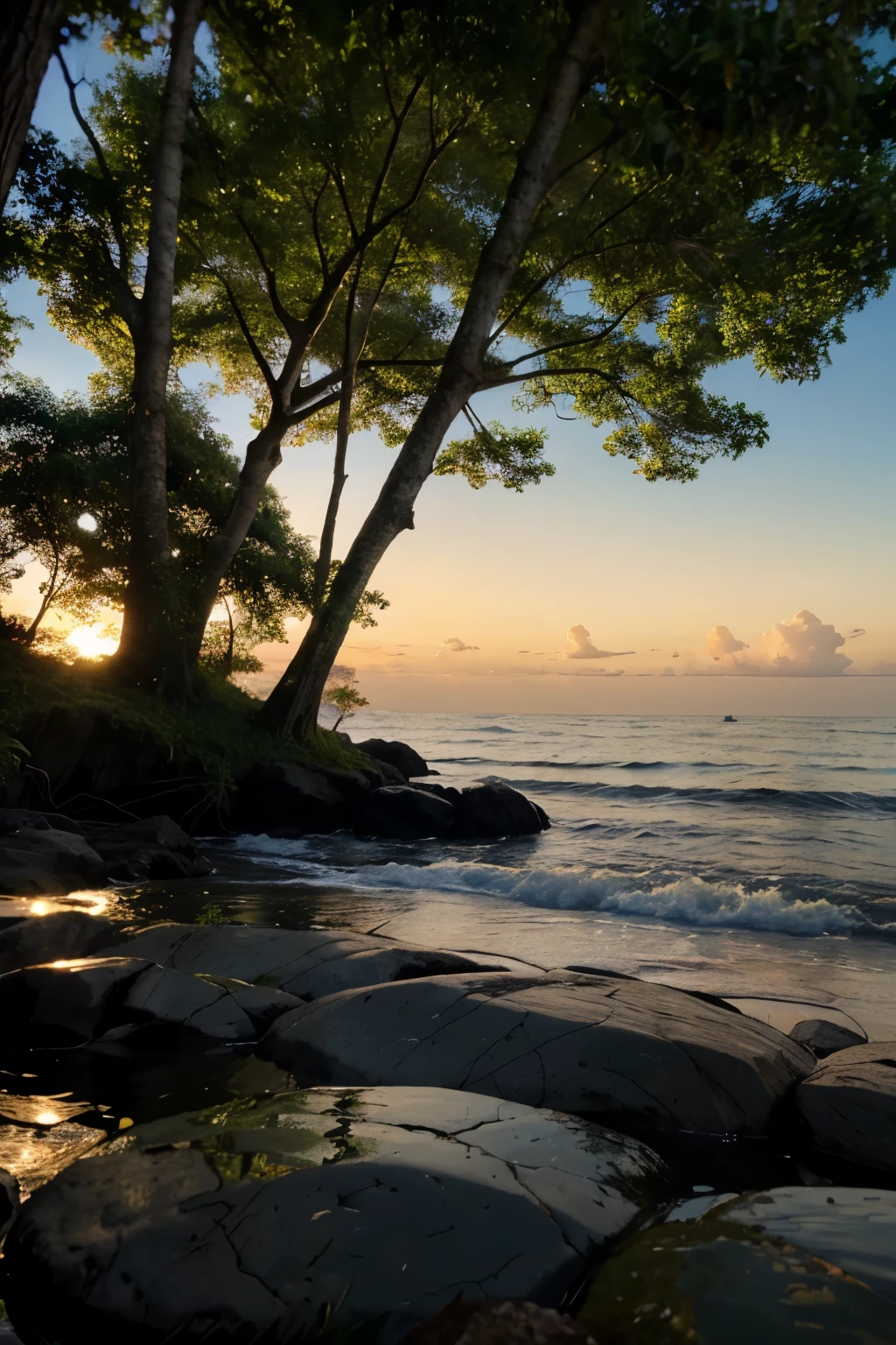 Ambient apha ocean frequency wave music in a serene environment under q lush sunset with nearby wet green forest