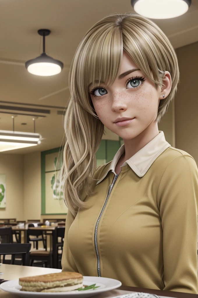 screenshot of my hero academia medium hair girl has the wolf cut,beige hair color with white highlights,the left eye golden and the right light green,has freckles attractive eyes,deep look and has long eyelashes,and her eyelashes are beige,She is in the UA dining room and is surprised looking at Uraraka