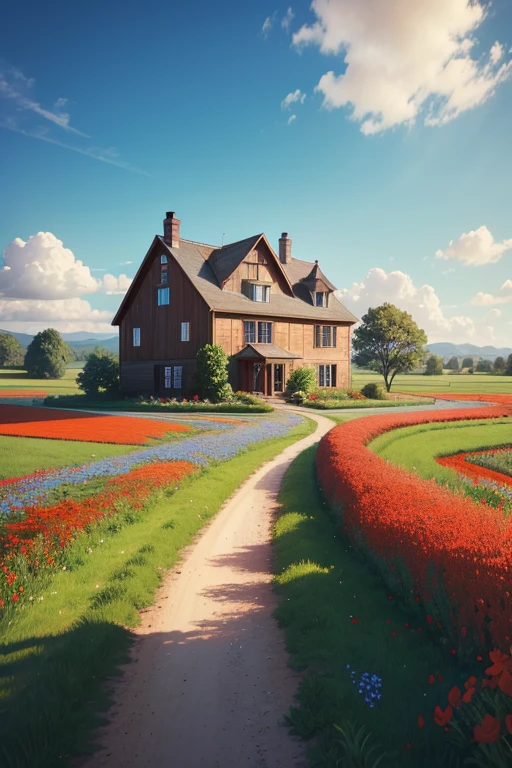 A large farmhouse on a beautiful landscape of wild red flowers and a leading pathway. A bright day with blue sky