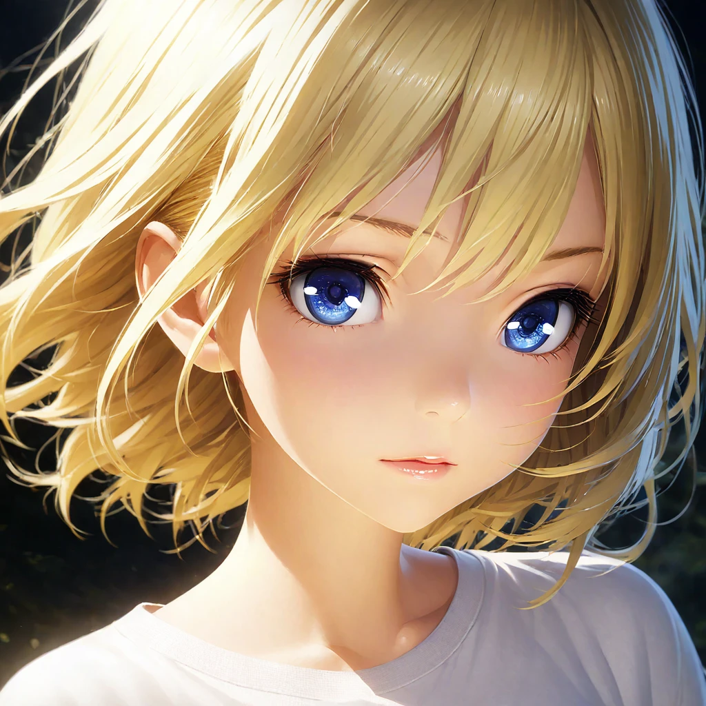 portrait, Practical, blue eyes, Blonde hair, Mid-chest, 4K resolution, High quality CG, Beautiful CG, Soft Light, Octane Rendering, white t-shirt, close shot