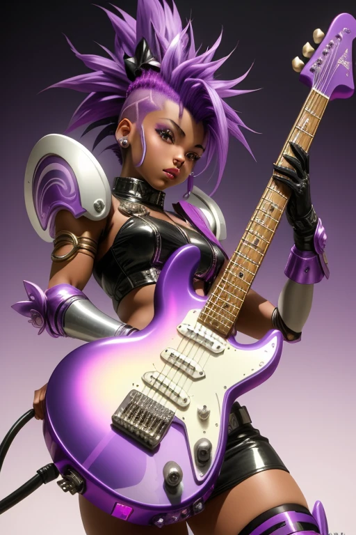 Saint Seiya,1 African American girl,purple Mohawk,Gradient,Gradient background,solo,1 girl,bow,Gloves,purple Mohawk,Fantastic girl,solo , electric guitar in hand, Rockstar.