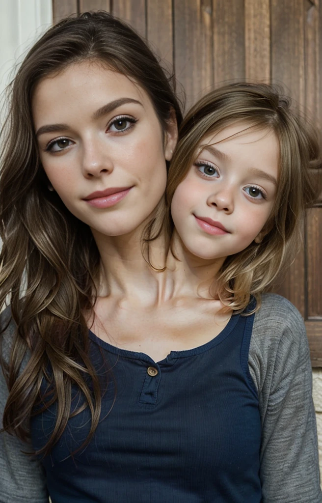 2heads, mom and daughter, (one head adult:1.5), (one head young :1.5), (one blonde and one brunette:1.5)