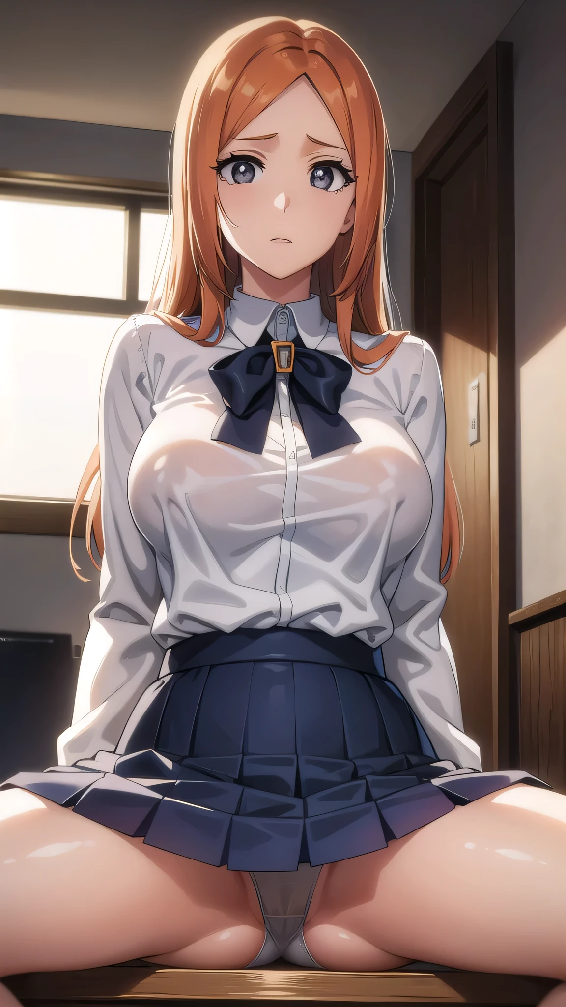 BREAK looking at viewer, BREAK (masterpiece:1.2), best quality, high resolution, unity 8k wallpaper, (illustration:0.8), (beautiful detailed eyes:1.6), extremely detailed face, perfect lighting, extremely detailed CG, (perfect hands, perfect anatomy),school,desk,windows,tables,inoue orihime, long hair, orange hair, (grey eyes:1.5),skirt, bow,white blouse,unbuttoned blouse,open blouse,black bra,lace bra,cleavege,neckline, long sleeves, puffy sleeves, skirt, blue skirt, long skirt,showing breasts,nipples,nipples see through,sitting on table,from below,upskirt,spread legs,showing panties,wet panties,camel toe,no panties.