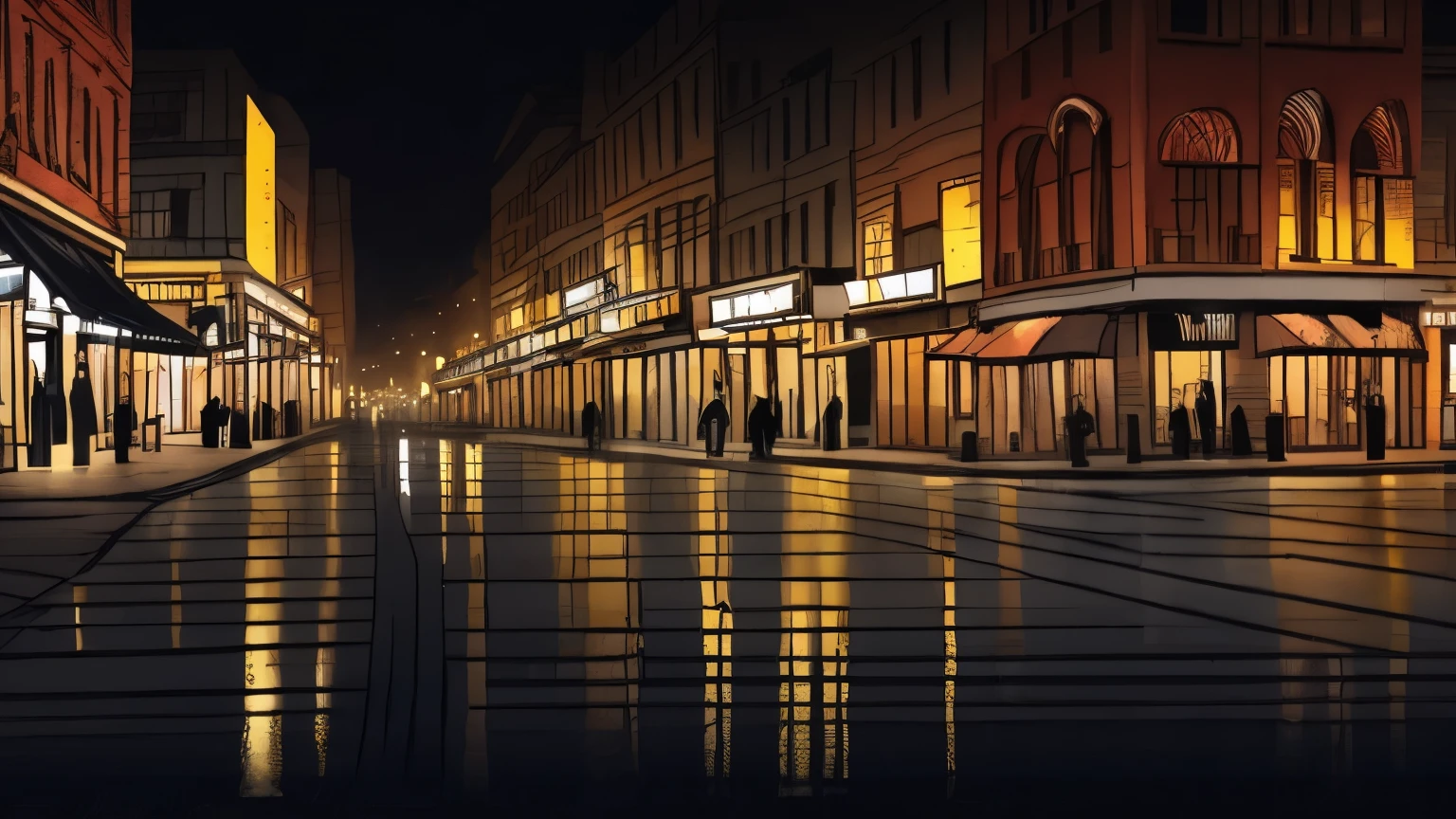 A serene nighttime urban street corner with rain gently falling, neon lights glowing, and people walking with umbrellas. The scene is in a line art style with watercolor effects, creating a warm and nostalgic atmosphere. The rain and lights should loop seamlessly, starting and ending with the same intensity of rain and lighting.
