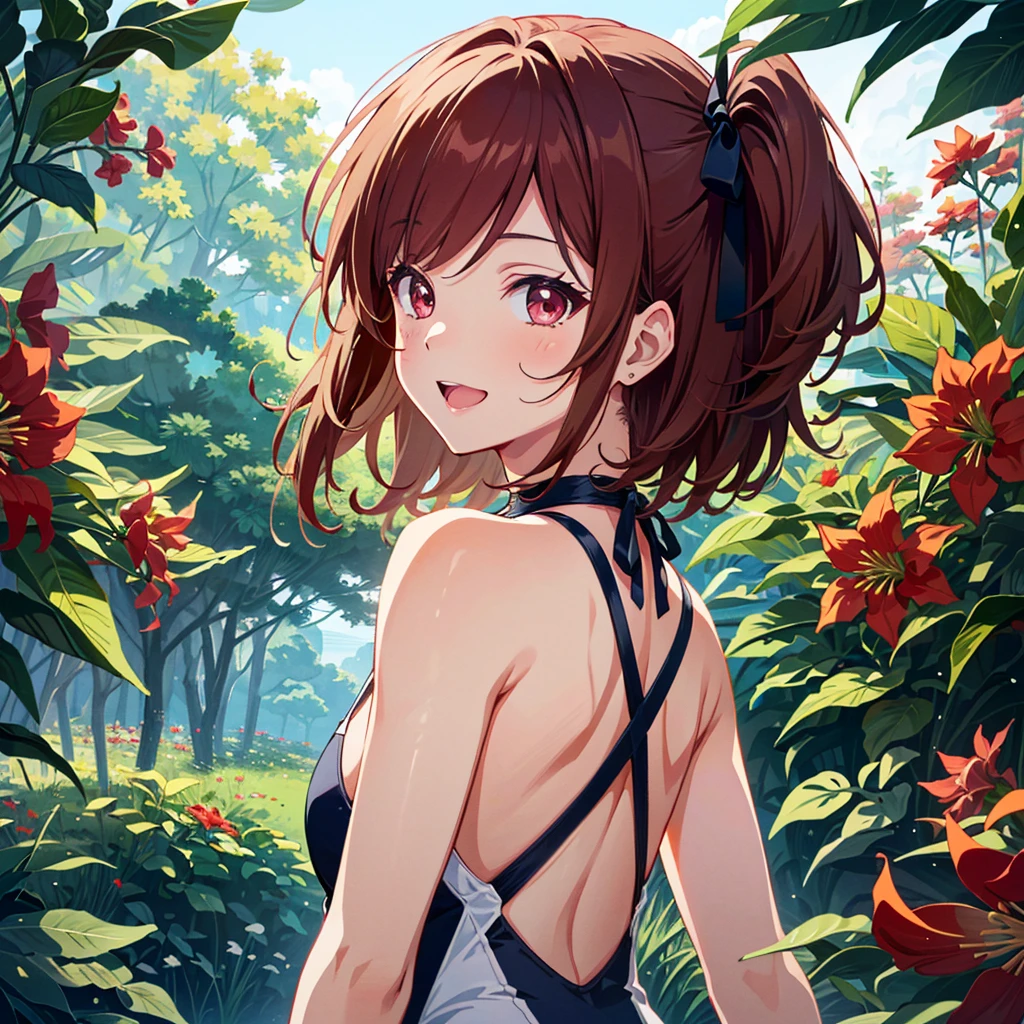 {{{Masterpiece, Best Quality, High Resolution Background}}}, (Best Quality), (Masterpiece), (Super Detail), (3 Years 3.3), (Lycoris Recoil 3.3), Baby Face, Super Cute, Blonde, Short Hair , (one side up 3.3), red hair tie arrangement, (gray red eyes), licorice swimsuit, BREAK, hyper-realistic cel anime style, extremely detailed graphics, masterpiece, perfect shading, perfect anatomy, BREAK, 8K high Resolution, (super detailed cute face 3.3), digital art, depth of field, flower park, lovely one-piece dress, (vector art 8.8), (;d, back of arm 3.3)