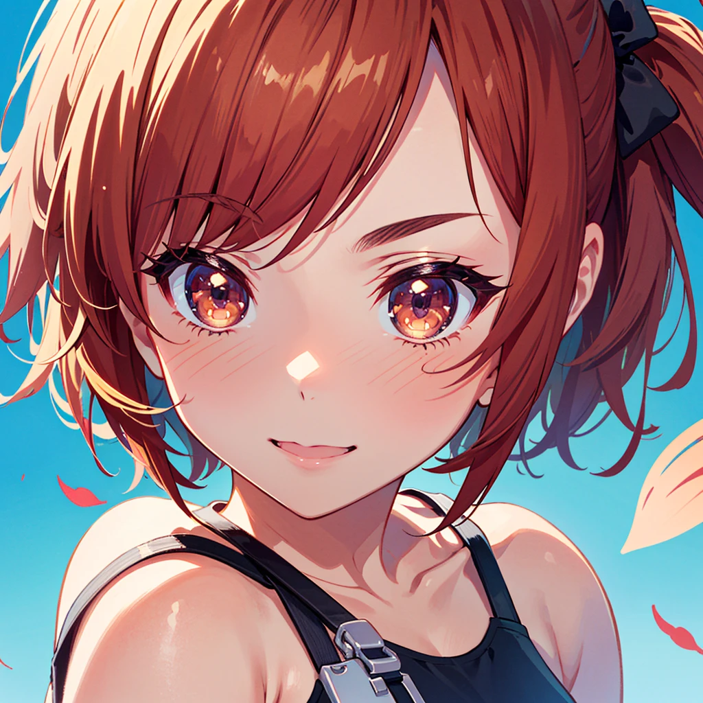 {{{Masterpiece, Best Quality, High Resolution Background}}}, (Best Quality), (Masterpiece), (Super Detail), (3 Years 3.3), (Lycoris Recoil 3.3), Baby Face, Super Cute, Blonde, Short Hair , (one side up 3.3), red hair tie arrangement, (gray red eyes), licorice swimsuit, BREAK, hyper-realistic cel anime style, extremely detailed graphics, masterpiece, perfect shading, perfect anatomy, BREAK, 8K high Resolution, (super detailed cute face 3.3), digital art, depth of field, flower park, lovely one-piece dress, (vector art 8.8), (;d, back of arm 3.3)