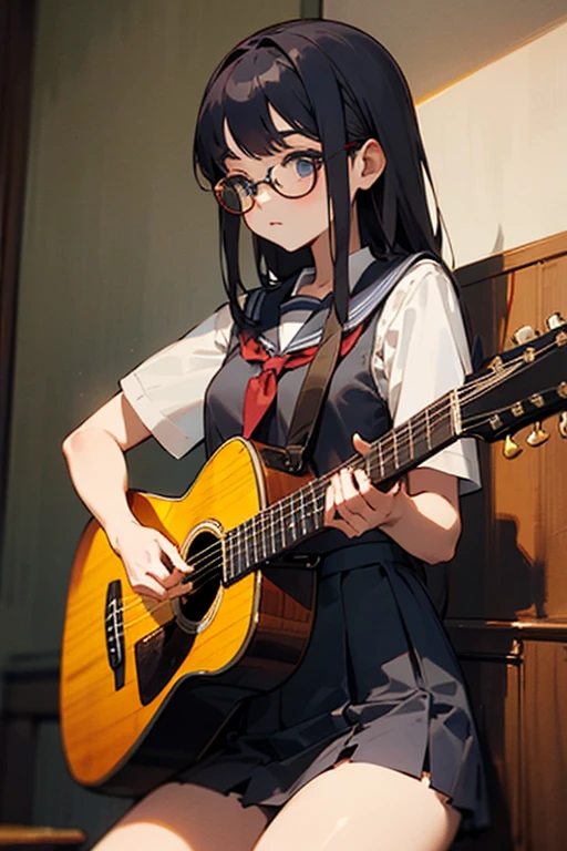 Beautiful girl with glasses School uniform with short skirt Cross-legged Playing acoustic guitar