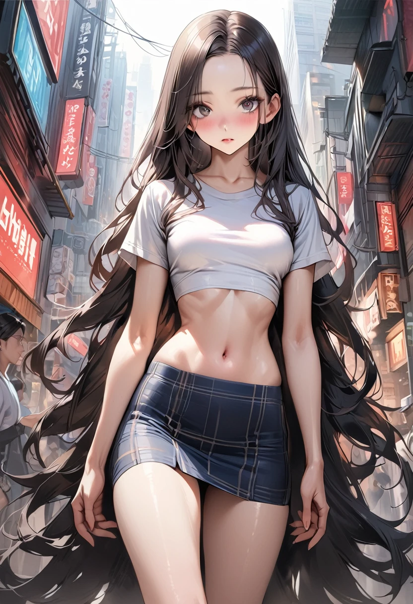 ((masterpiece,Highest quality:1.3,best quality illustration)),realistic,cowboy shot,独奏,1woman,(18 year old beauty),((very small head:1.3)),black hair,long hair,forehead,center parted bangs,black eyes,gorgeous big eyes,blush,((very long body,skinny)),medium breasts,gleaming skin,toned body,slender body,skinny,White short-sleeved T-shirt、Dark blue plaid mini skirt、navel,on street,Shinjuku、Tokyo、