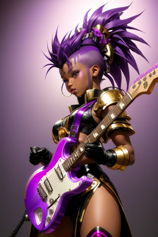 Saint Seiya,1 African American girl,purple Mohawk,Gradient,Gradient background,solo,1 girl,bow,Gloves,purple Mohawk,Fantastic girl,solo , electric guitar in hand, Rockstar.