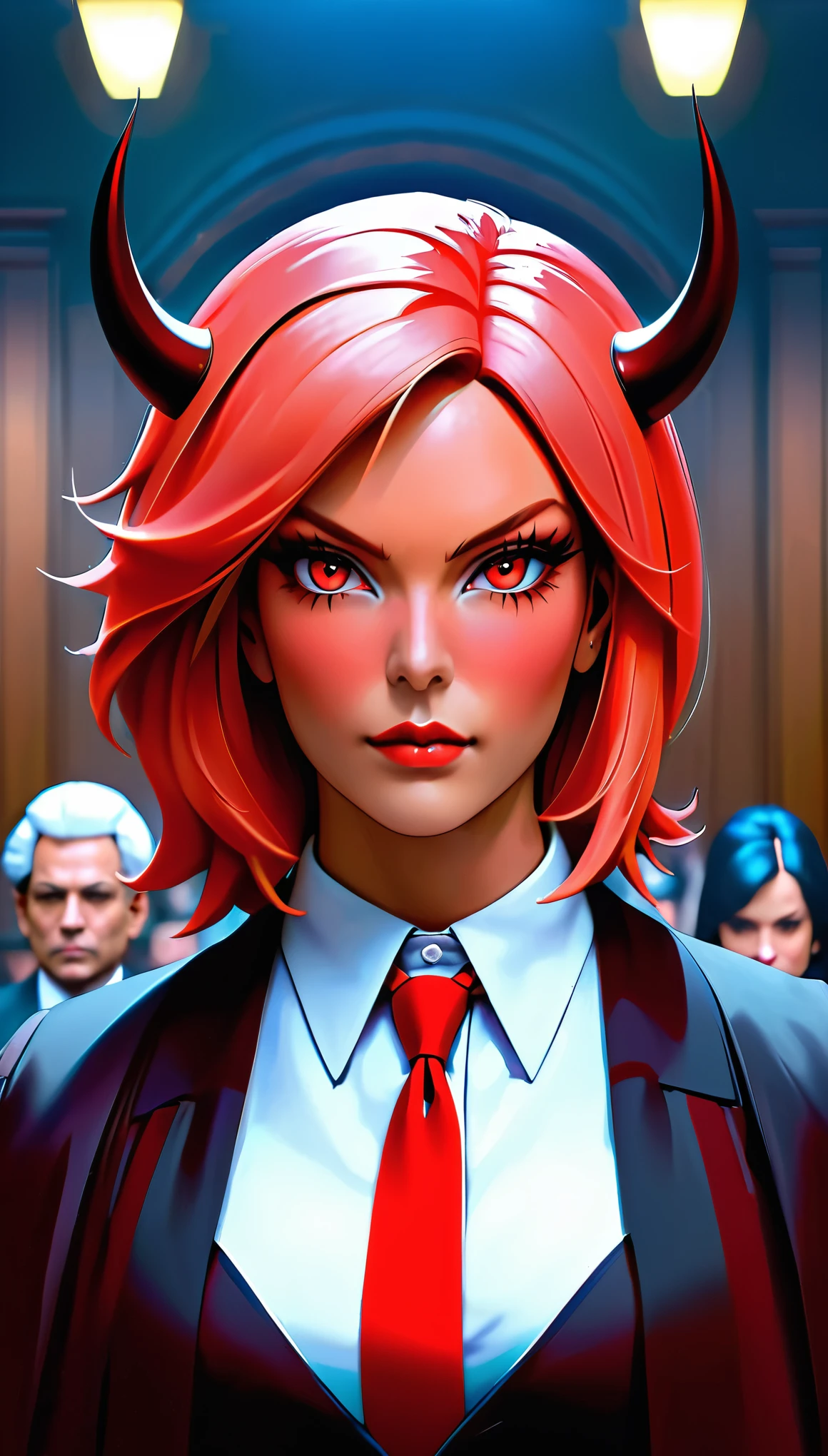 a picture of a female devil wearing barrister's wig and cloak in courtroom, a devilishly beautiful devil, ((full body shot: 1.5)), ((anatomically correct: 1.5), (ultra detailed face: 1.2), best detailed face, (red skin: 1.3), two black horns, wearing white button shirt, red tie, English barrister's wig, courtroom background, vibrant, Hyperrealism style, vibrant, Ultra-high resolution, High Contrast, (masterpiece:1.5), highest quality, Best aesthetics), best details, best quality, highres, ultra wide angle, 16k, [ultra detailed], masterpiece, best quality, (extremely detailed) RAW, photograph, Hyperrealism style, demonmawAI