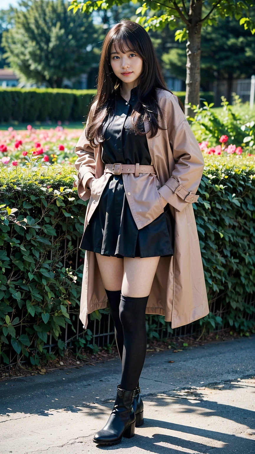 (8k、RAW Photos、Highest quality、masterpiece:1.2)、(Realistic、Realistic)、1 Girl、((pink long coat、tights、Black dress、、check、Exposed、belt、mini skirt、Frilledium Hair、smile、whole body、See-through、boots、garden、View from the front、Looking at the camera、Hands on your hips))、cute