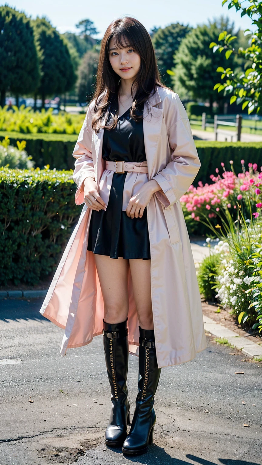 (8k、RAW Photos、Highest quality、masterpiece:1.2)、(Realistic、Realistic)、1 Girl、((pink long coat、tights、Black dress、、check、Exposed、belt、mini skirt、Frilledium Hair、smile、whole body、See-through、boots、garden、View from the front、Looking at the camera、Hands on your hips))、cute