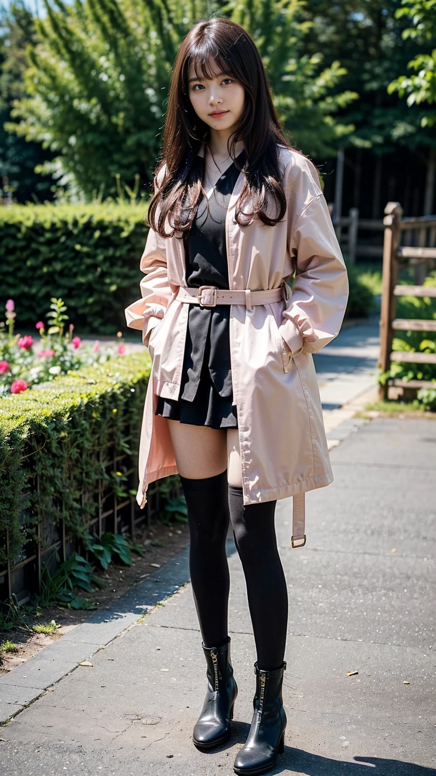 (8k、RAW Photos、Highest quality、masterpiece:1.2)、(Realistic、Realistic)、1 Girl、((pink long coat、tights、Black dress、、check、Exposed、belt、mini skirt、Frilledium Hair、smile、whole body、See-through、boots、garden、View from the front、Looking at the camera、Hands on your hips))、cute