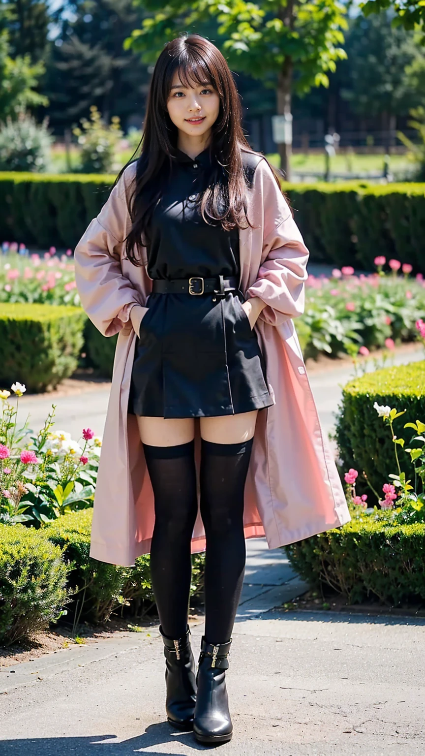 (8k、RAW Photos、Highest quality、masterpiece:1.2)、(Realistic、Realistic)、1 Girl、((pink long coat、tights、Black dress、、check、Exposed、belt、mini skirt、Frilledium Hair、smile、whole body、See-through、boots、garden、View from the front、Looking at the camera、Hands on your hips))、cute