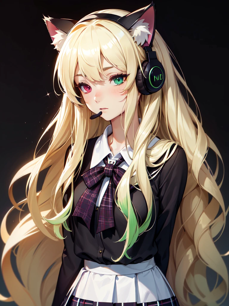 (((Portrait Photo))), She has the Appearance of an Elegant and Poised , with a Small, Slender Build who Displays a Calm Demeanor. Her Long, Flowing Blonde Hair Cascades Down Her Back in Soft Waves. Her Two-Tone Eyes are Large and Expressive, Filled with a Gentle Serenity and a Hint of Mystery. Her Expression is Calm and Reflective, with a Slightly Unfocused Look, Conveying a Sense of Inner Peace and Absolute Calm. (((High Quality, Dark Background))), (((Portrait Photo))), (((Cat Ear Headphones))), (((White School Uniform))), (((Plaid Skirt))), (((Green Ombre Hair))), (((Heterochromia))),