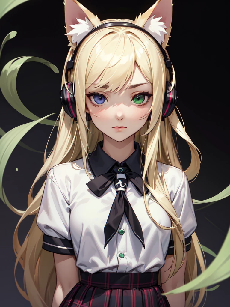 (((Portrait Photo))), She has the Appearance of an Elegant and Poised , with a Small, Slender Build who Displays a Calm Demeanor. Her Long, Flowing Blonde Hair Cascades Down Her Back in Soft Waves. Her Two-Tone Eyes are Large and Expressive, Filled with a Gentle Serenity and a Hint of Mystery. Her Expression is Calm and Reflective, with a Slightly Unfocused Look, Conveying a Sense of Inner Peace and Absolute Calm. (((High Quality, Dark Background))), (((Portrait Photo))), (((Cat Ear Headphones))), (((White School Uniform))), (((Plaid Skirt))), (((Green Ombre Hair))), (((Heterochromia))),