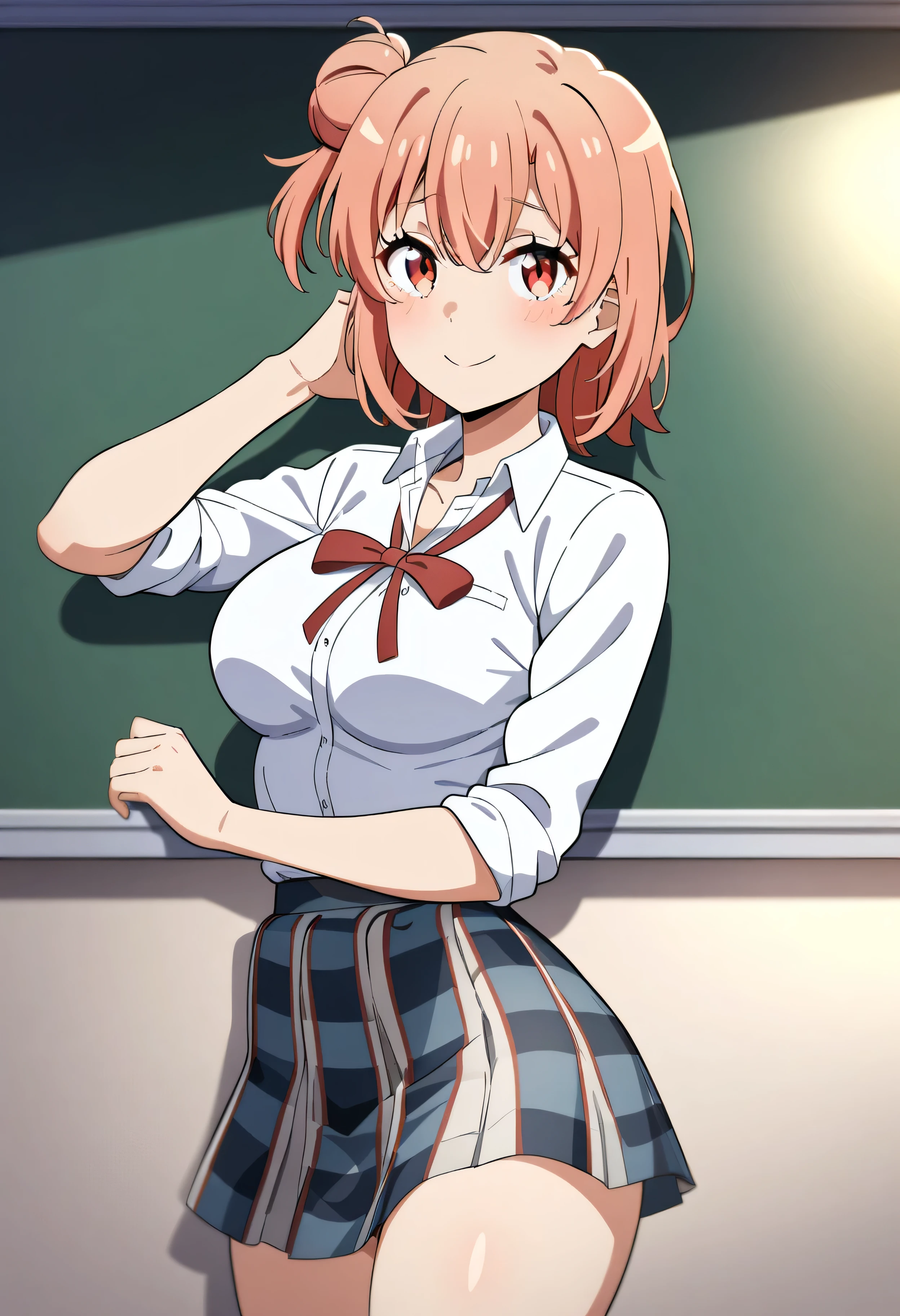 (anime art style:1.0), 2d, masterpiece, best quality, very aesthetic, absurdres, dynamic shadows, atmosferic, yuigahama_yui, 1girl, solo, pink hair, short hair, single side bun, red eyes, detailed eyes, hair between eyes, bangs, medium breasts, (curvy body), makeup, blush, (school uniform:1.0), white shirt, plaid skirt, red ribbon, black socks, sexy smile, cowboy shot, from front, standing, (against wall), (looking at viewer:1.0), classroom, chalkboard