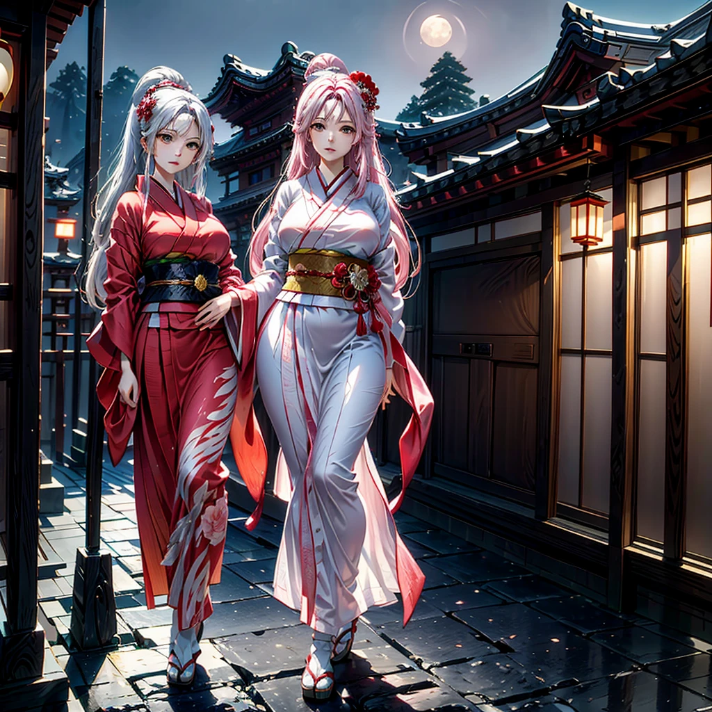 A female character with vibrant pink loose hair, adorned with a floral hairpiece, wearing a traditional red kimono with floral patterns. She stands against a backdrop of a serene night scene in what appears to be a traditional Japanese setting. Lanterns with Japanese characters float in the air, and the moon shines brightly in the sky. The character is positioned in the foreground, with a traditional Japanese building, possibly a temple or shrine, visible in the background.