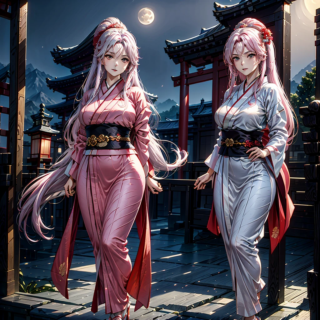 A female character with vibrant pink loose hair, adorned with a floral hairpiece, wearing a traditional red kimono with floral patterns. She stands against a backdrop of a serene night scene in what appears to be a traditional Japanese setting. Lanterns with Japanese characters float in the air, and the moon shines brightly in the sky. The character is positioned in the foreground, with a traditional Japanese building, possibly a temple or shrine, visible in the background.