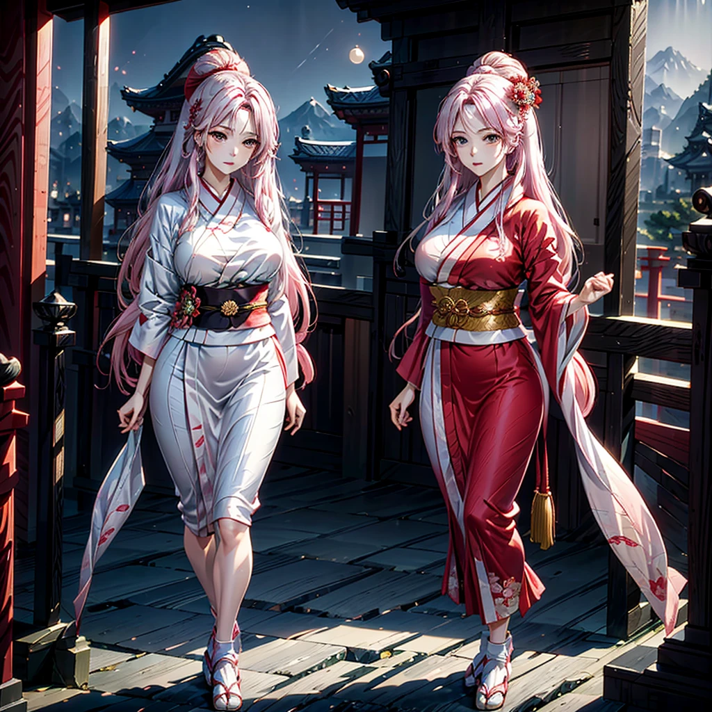 A female character with vibrant pink loose hair, adorned with a floral hairpiece, wearing a traditional red kimono with floral patterns. She stands against a backdrop of a serene night scene in what appears to be a traditional Japanese setting. Lanterns with Japanese characters float in the air, and the moon shines brightly in the sky. The character is positioned in the foreground, with a traditional Japanese building, possibly a temple or shrine, visible in the background.