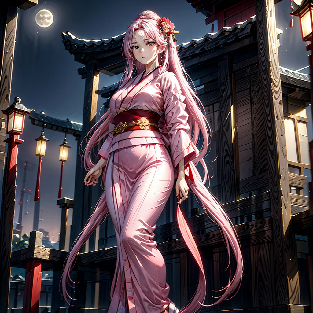 A female character with vibrant pink loose hair, adorned with a floral hairpiece, wearing a traditional red kimono with floral patterns. She stands against a backdrop of a serene night scene in what appears to be a traditional Japanese setting. Lanterns with Japanese characters float in the air, and the moon shines brightly in the sky. The character is positioned in the foreground, with a traditional Japanese building, possibly a temple or shrine, visible in the background.