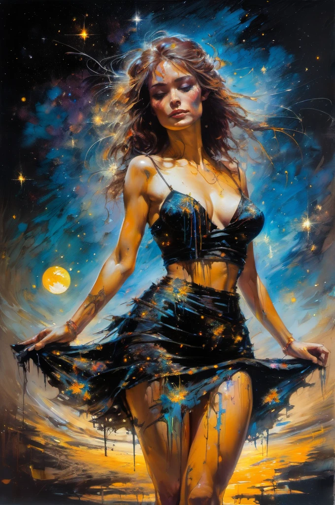 Art by Frank Frazetta, Carne Griffiths ,Beautiful face, Cute,   girl, Starry Night, Black dress, Full body painting, glowing skin, Oil paint painting, 8k, intricate painting, clarity in details, vivid and warm colors. cleavage, short skirt, thigh