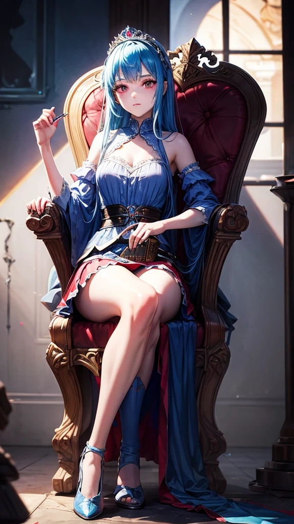 A princess with blue hair, a sad silhouette, sharp blood red eyes, wearing a beautiful skirt, sat on a throne.