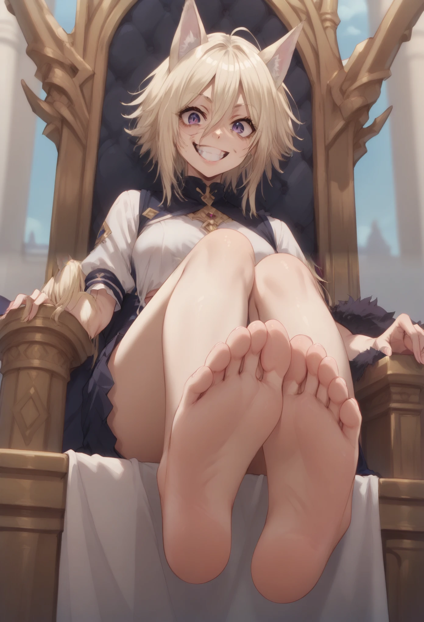 FP
crazy girl smile
showing soles
sitting on a throne,1 girl,short hair,blonde hair,purple eyes,cat ears,tall woman,