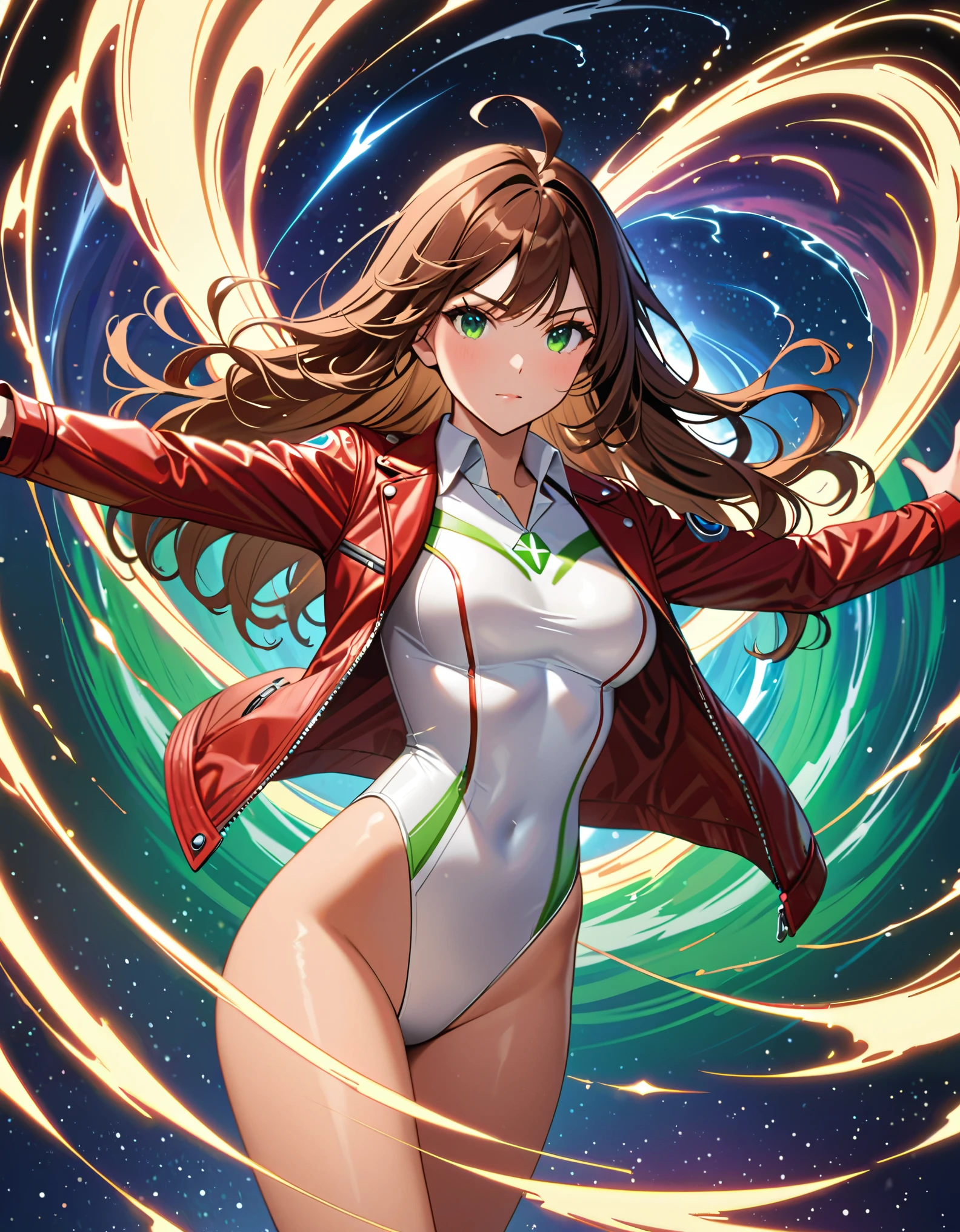 (masterpiece), (best quality), (high res), 1lady, tall body, professional, beautiful detailed eyes, beautiful detailed face, serious, perfect hands, complete fingers, perfect anatomy, perfect proportions, ((brown hair, medium hair, hair down)), ahoge, ((green eyes)), ((leotard, white leotard, matching leotard)), ((white dress collar, open collar)), ((bare legs)), ((boots, matching boots, ankle-high boots, red boots)), breasts, medium breasts, (full body portrait), (solo, solo focus), cowboy shot, space backdrop, ((yellow V (symbol) on chest)), ((red leather jacket, open jacket)). (T-pose, legs together). (spins fast in place like a tornado, whirls fast in place like a tornado, tornado whirling, spiral lines around her, spinning energy pulse around her, storm winds around her, whirls into a tornado, (she whirls) in (super speeds)). full body costume design. curved sword slash. she super-spins.