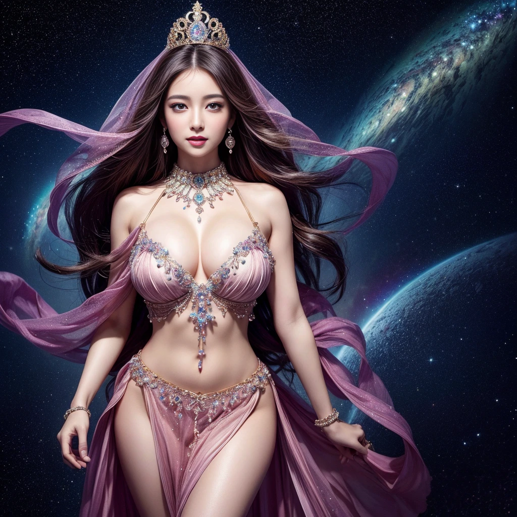 ((highest quality、table top、8K、best image quality、extremely complex and detailed depiction))、(one of the most beautiful princesses:1.1)、big and full breasts、Shining beautiful skin、very fair skin,the biggest smile looking at me、(The most fantastic and sparkling finest diamong dress:1.2)、beautiful elegant decoration、Diamond Decoration、The most luxurious and highest quality giant tiara、The most luxurious and highest quality giant necklace、artistic decoration、finest jewelry decoration、The most gorgeous decorations in the world、The most fantastic and mysterious galaxy background、shining galaxy starry sky、the most mysterious cosmic glow、accurate anatomy、voluptuous,goddess,1girl,(make up face),asian girl