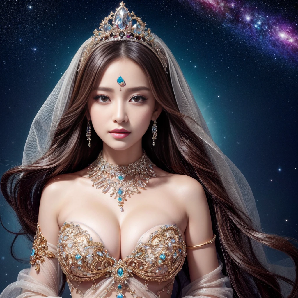 ((highest quality、table top、8K、best image quality、extremely complex and detailed depiction))、(one of the most beautiful princesses:1.1)、big and full breasts、Shining beautiful skin、very fair skin,the biggest smile looking at me、(The most fantastic and sparkling finest diamong dress:1.2)、beautiful elegant decoration、Diamond Decoration、The most luxurious and highest quality giant tiara、The most luxurious and highest quality giant necklace、artistic decoration、finest jewelry decoration、The most gorgeous decorations in the world、The most fantastic and mysterious galaxy background、shining galaxy starry sky、the most mysterious cosmic glow、accurate anatomy、voluptuous,goddess,1girl,(make up face),asian girl