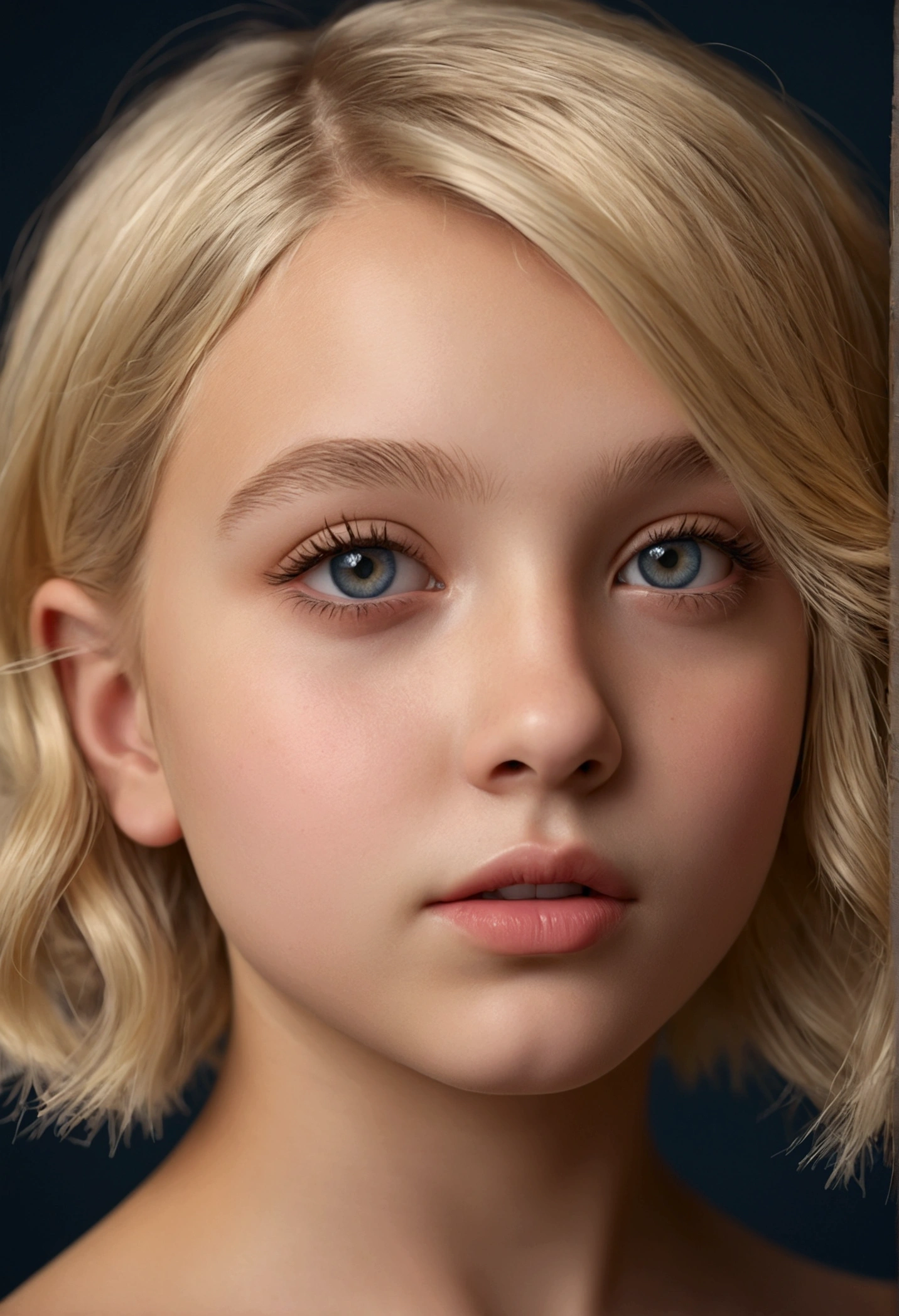 a blonde 12 year old girl with short hair, nude with lots of blonde pubic hair,beautiful detailed eyes,beautiful detailed lips,extremely detailed eyes and face,longeyelashes,portrait,photorealistic,photo-realistic:1.37,realistic,masterpiece:1.2,best quality,4k,8k,highres,ultra-detailed,vivid colors,studio lighting,physically-based rendering,professional