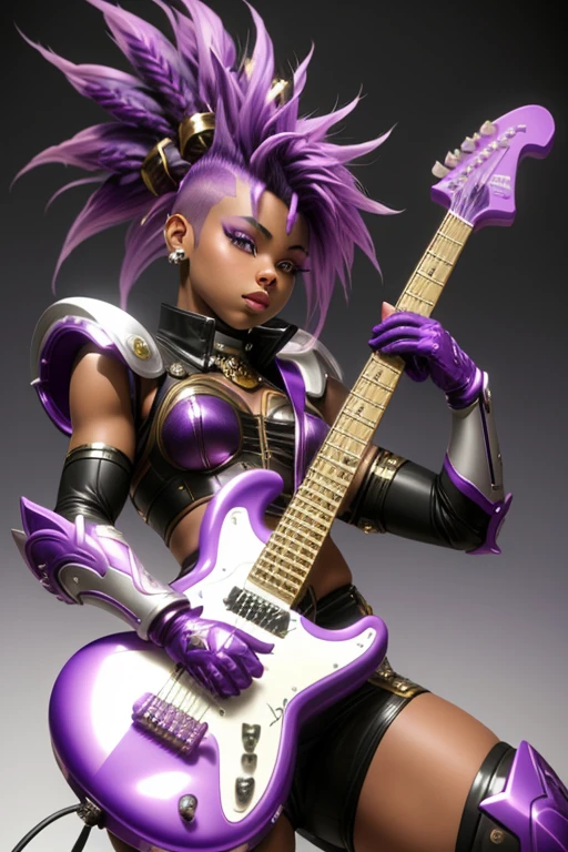  Saint Seiya，1 African American girl，purple Mohawk，Gradient，Gradient background，solo，1 girl，bow，Gloves，purple Mohawk，Fantastic girl，solo , electric guitar in hand, Rockstar.