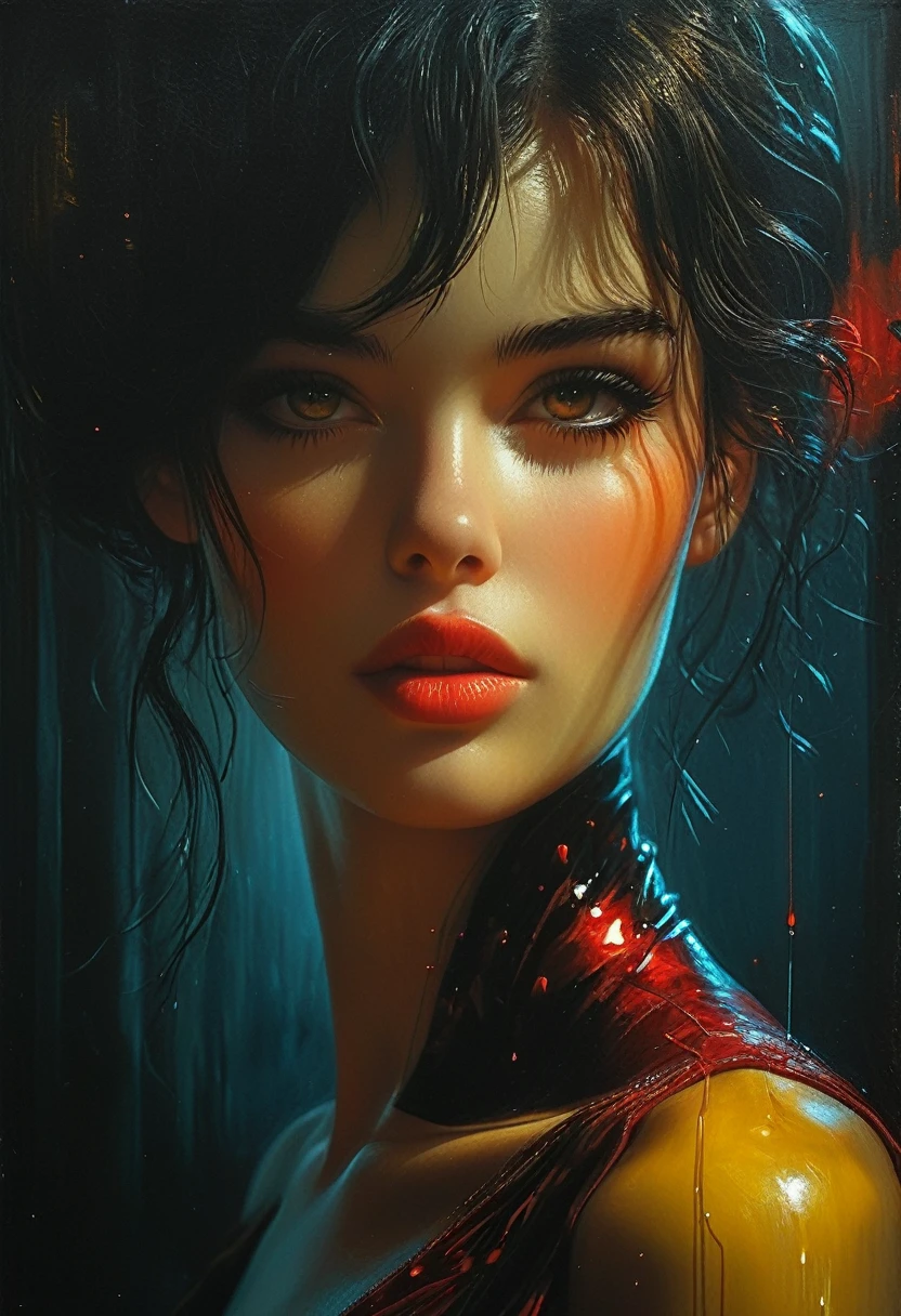 Dark Ambient silhouette of a beautiful woman, relief, oil painting, red-yellow drops, thin smooth lines, wax, long strokes, light delicate shades, + 36.5 mm f0 cinematic quality, + style by Jeremy Mann, Peter Elson, Alex Maleev, Ryohei Hase, Rafael Sanzio, Pino Daeni, Charlie Bowater, Albert Joseph Peno, Ray Caesar, Giger, Jay Fu, Gustave Dore, Stephen Gammell, masterpiece of artistic portrait, multi-layered sheets, techniques used: lithography, chiaroscuro, atmospheric perspective, unreal engine, Greg Rutkowski, Leusch, Rads, Beeple, Makoto Shinkai and Lois van Baerle, Ilya Kuvshinov, Rossdros, Tom Bagshaw, Alphonse Mucha, global coverage, detailed and complex environments...biopunk style, doll face, intricate fine line art, intricate, 8k, ultra detail, artstation trends, sharp focus, studio photography, intricate detail, high detail, by Greg Rutkowski, cleavage, sexy