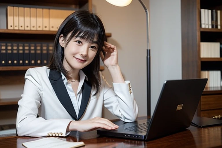 girl, alone, bangs, lawyer, high class law firm, Bookshelf, Desk lamp, Sit at a desk, Consulting with customers, Work on a laptop, smile