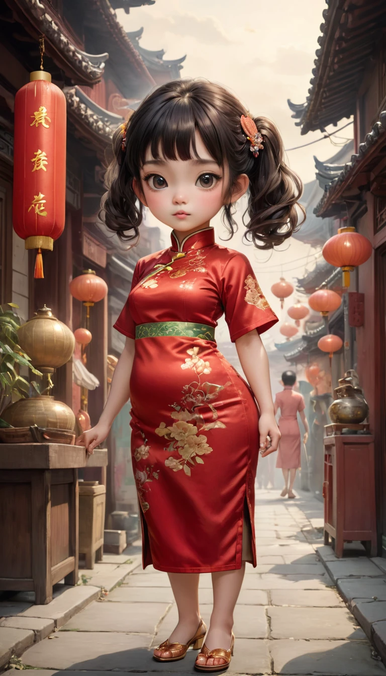 small, かわいいto be born生き物, Wearing cheongsam、 whole body,small , Are standing, Costume, Chinatown、 Fantasy art, Exquisite detail, Jean-Baptiste Monge Style, office、Alan Lee Style, Anthropomorphic, Fat, Big eyes, Movie Scenes, Dramatic shot angles, , Realistic, to be born々Stunning cinematic photorealism, Action Portrait, 8k, detailed, Full Frame、