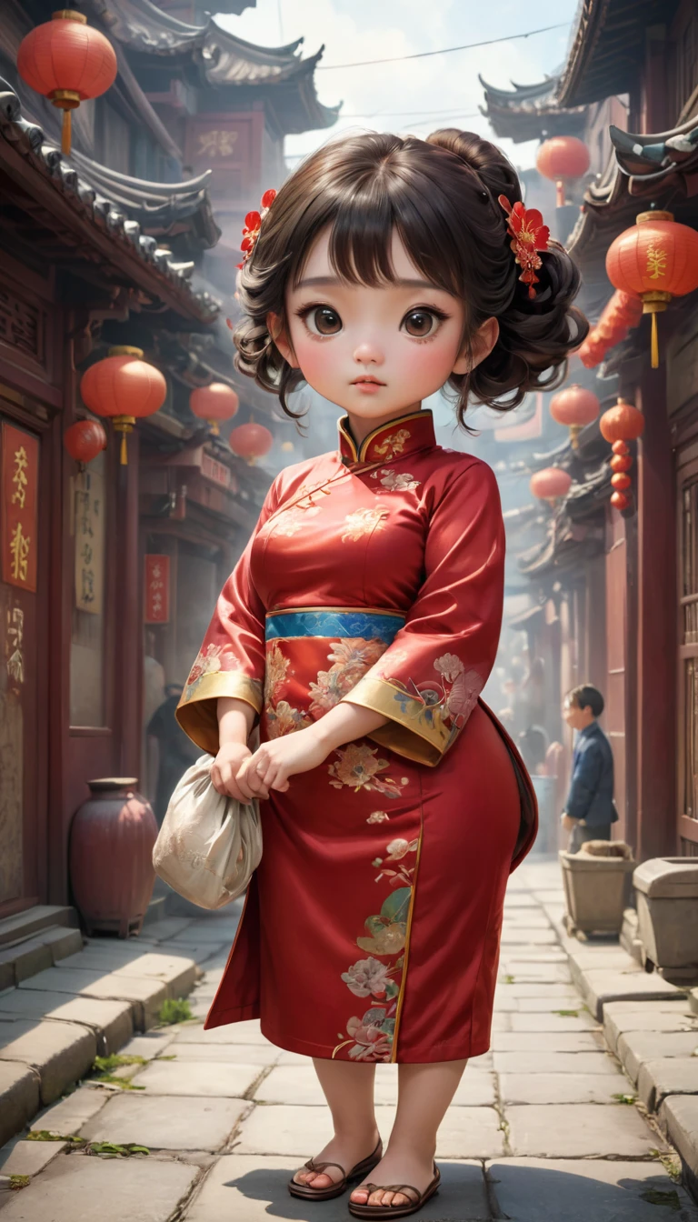 small, かわいいto be born生き物, Wearing cheongsam、 whole body,small , Are standing, Costume, Chinatown、 Fantasy art, Exquisite detail, Jean-Baptiste Monge Style, office、Alan Lee Style, Anthropomorphic, Fat, Big eyes, Movie Scenes, Dramatic shot angles, , Realistic, to be born々Stunning cinematic photorealism, Action Portrait, 8k, detailed, Full Frame、