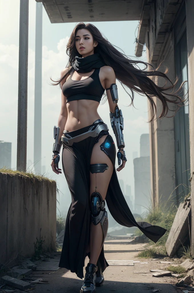 (1 skinny female cyborg), confidence, futuristic aerodynamic heavy mechanical arm, unreal engine, (extremely long voluminous hair :1.6), ((long scarf)), crop tank, low-rise maxi skirts, (strong directional wind), old abandoned ruins