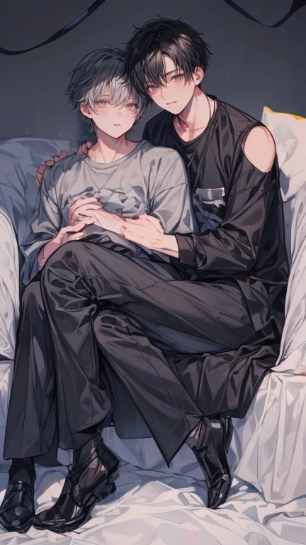 (Mastepiece), (Best Quality), Very detailed, ((Two men intimate:1.5)), Perfect Face, Beautiful Face, Very detailedな顔,(Full body photography:1.3),(Black-haired man:1.3),(Grey-haired man:1.3)、T-Shirts、smile