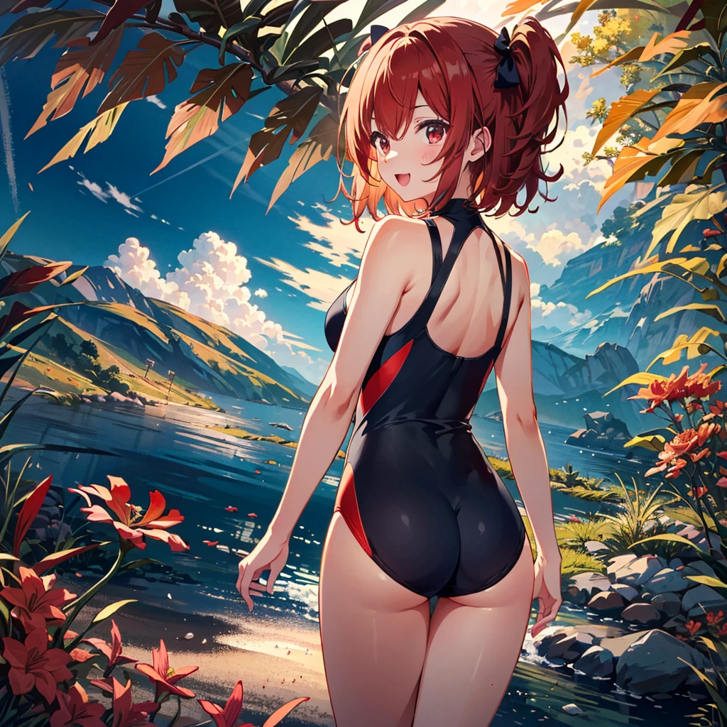 {{{Masterpiece, Best Quality, High Resolution Background}}}, (Best Quality), (Masterpiece), (Super Detail), (3 Years 3.3), (Lycoris Recoil 3.3), Baby Face, Super Cute, Blonde, Short Hair , (one side up 3.3), red hair tie arrangement, (gray red eyes), full body shot, long shot, licorice swimsuit, BREAK, extremely detailed graphics, masterpiece, perfect shading, perfect anatomy, BREAK, 8K high resolution , (super detailed cute face 3.3), flower park, nice one-piece dress, (vector art 8.8), (;d, back of arm 3.3)
