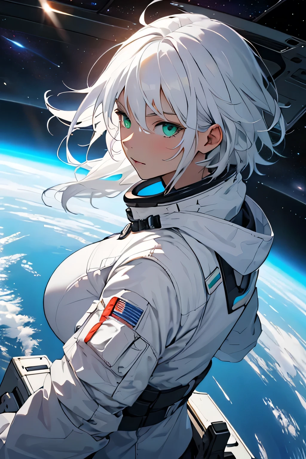 ((best qualityer)), ((work of art)), (detailded), 1 girl, busty, greeneyes, white  hair, Your skin is white. floating, in space.