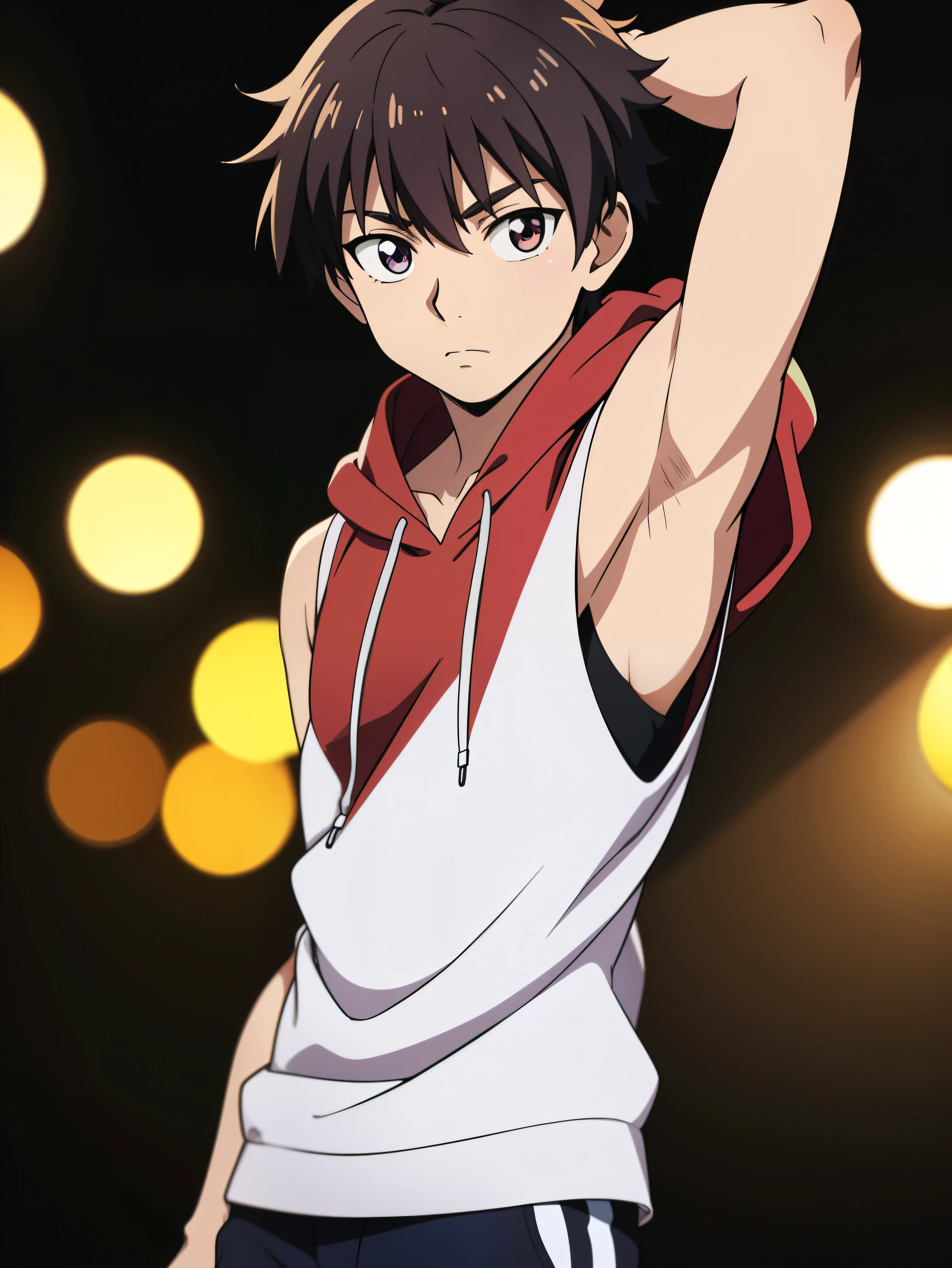 Highres, Masterpiece, Best quality at best,Best Quality,hight quality, hight detailed, Anime style, 1boy, Shota, young boy, Solo person, red hoodie, Sleeveless hoodie, Upper body, Seen from the front, look at viewer, (Very young boy), (very small and short body), -yeld bo (Showing armpit:1.3), hansome boy, Uhd, bokeh, Simlle beckground, 8k photo, best quality, beautiful lighting, intricate details, photorealistic, photo, masterpiece, realistic, photorealism, detailed, hyper detailed, best quality, ultra high res, high resolution, detailed, raw photo, detailed face, detailed eyes, looking at viewer
