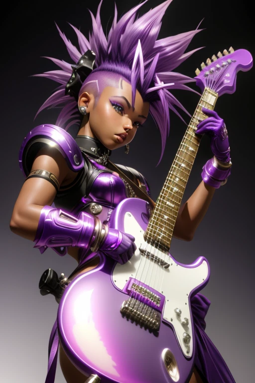 Saint Seiya,1 African American girl,purple Mohawk,Gradient,Gradient background,solo,1 girl,bow,Gloves,purple Mohawk,Fantastic girl,solo , electric guitar in hand, Rockstar.