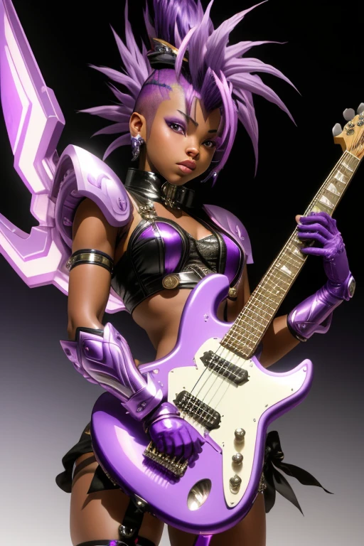  Saint Seiya，1 African American girl，purple Mohawk，Gradient，Gradient background，solo，1 girl，bow，Gloves，purple Mohawk，Fantastic girl，solo , electric guitar in hand, Rockstar.