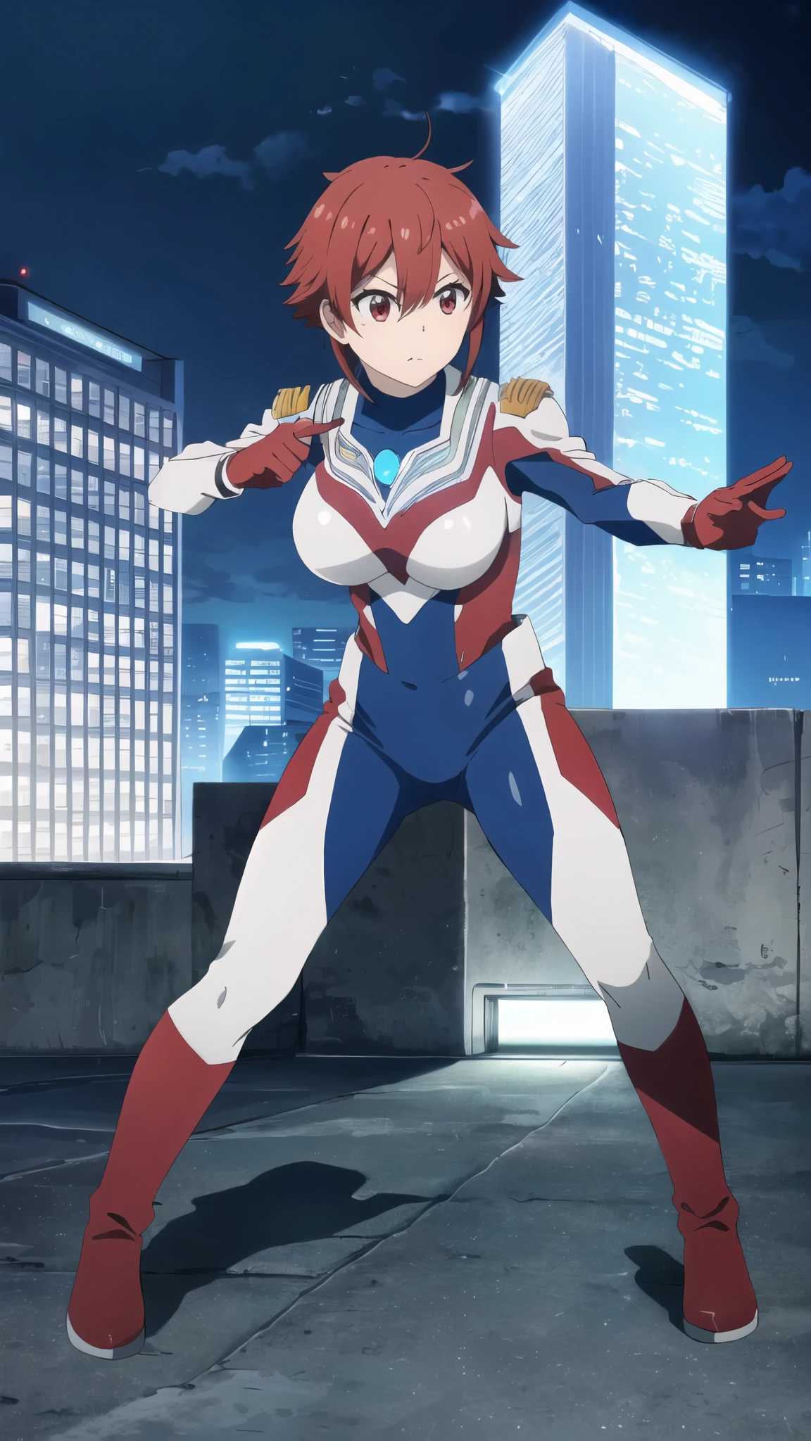 ((Highest quality)),((Very detailed)),masterpiece,Absurd,Detailed face,Beautiful Face,(fine grain, Deep Eyes),One Girl,Enter, red hair, red eyes, short hair, hair between eyes, bangs, breasts, large breasts, short hair, Red eyes, Outdoor, shirt, View your audience, Combat Stance,Ultraman bodysuit、Hero Suit,Full body tight suit、(building:1.2)、Night view、