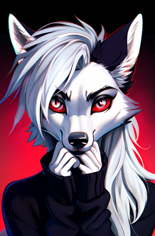 furry art, stunning furry art, realistic furry, anthro white wolf, female wolf, black makeup, red eyes with black sclera, wearing red sweater, one hand is above the head, silver hair, black ears, sensual, for him, claws, close up shot,(pixelsketcher pikaflufftulf hioshiru artstyle), 75mm cannon shot, ultra realist, slim anthro,(white pupils), small wolf chin, sweet anthropologist,( big eyes),(large hybrids)